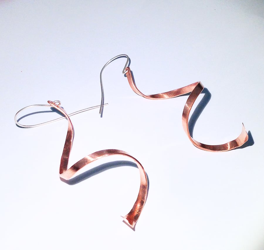 Ribbon Spiral Long Copper Earrings - UK Free Post
