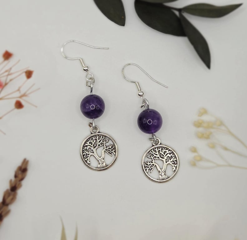 Sterling silver 'tree of life' dangle earrings with wire-wrapped amethyst beads