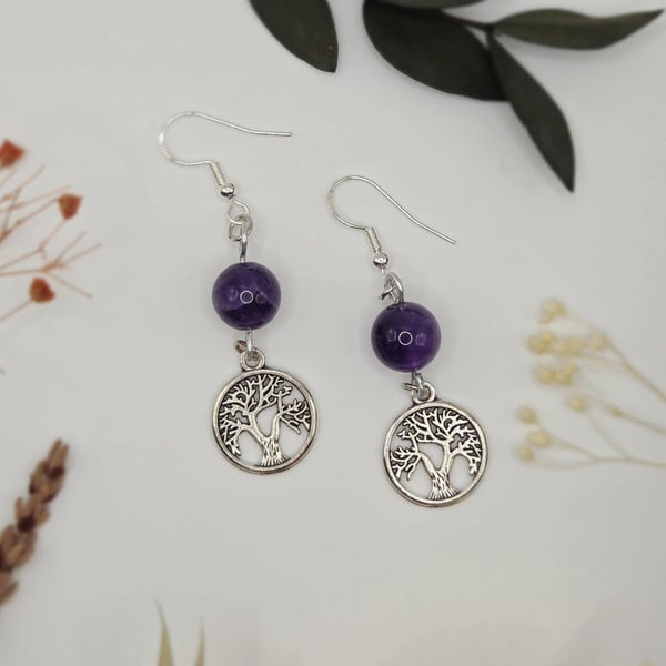 Sterling silver 'tree of life' dangle earrings with wire-wrapped amethyst beads