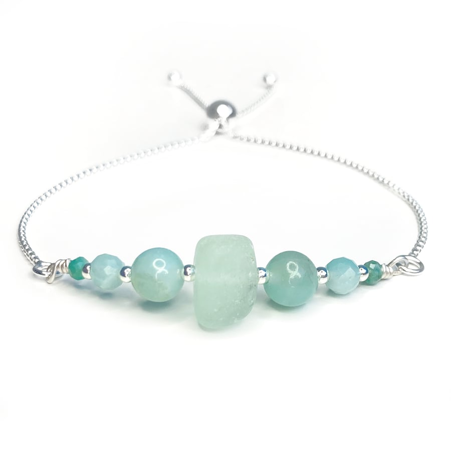 Green Sea Glass Bracelet. Sterling Silver Slider Bracelet with Amazonite Crystal