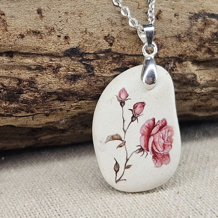 Sterling Silver Rose Sea Pottery Necklace - Coastal Floral Jewellery