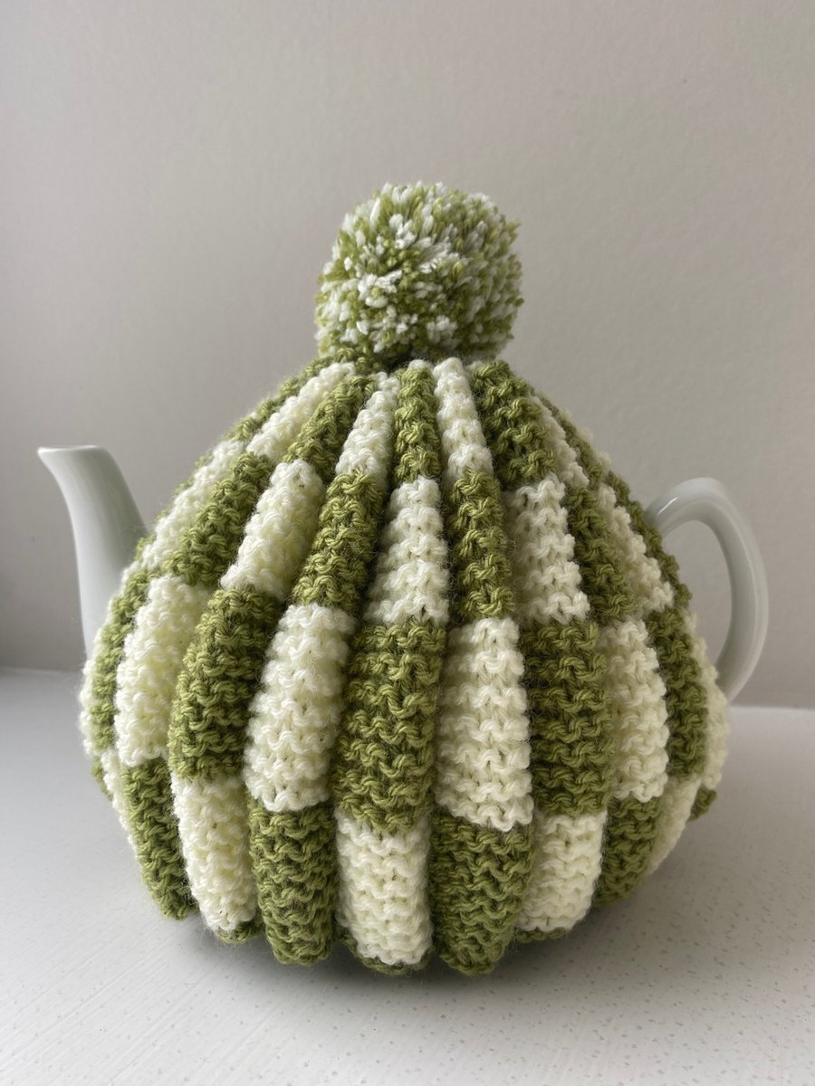 Traditional Handknitted Tea Cosy with Pompom in Green and Lemon