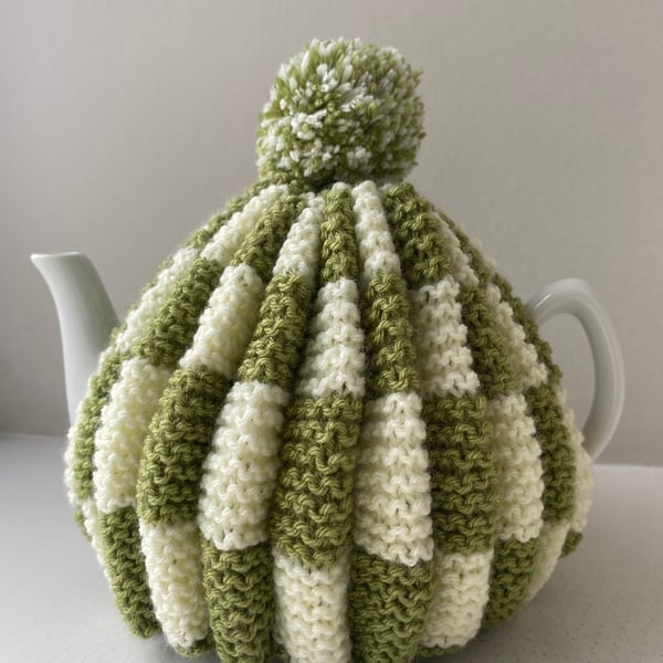 Traditional Handknitted Tea Cosy with Pompom in Green and Lemon