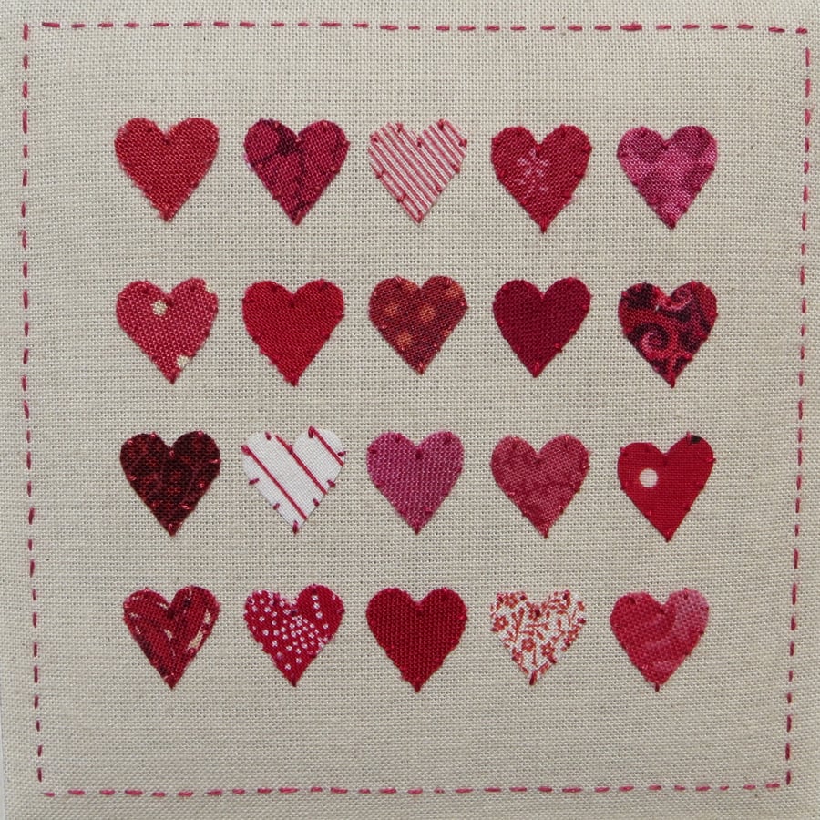 Little Red Hearts small framed hand-stitched applique of hearts, a gift of love