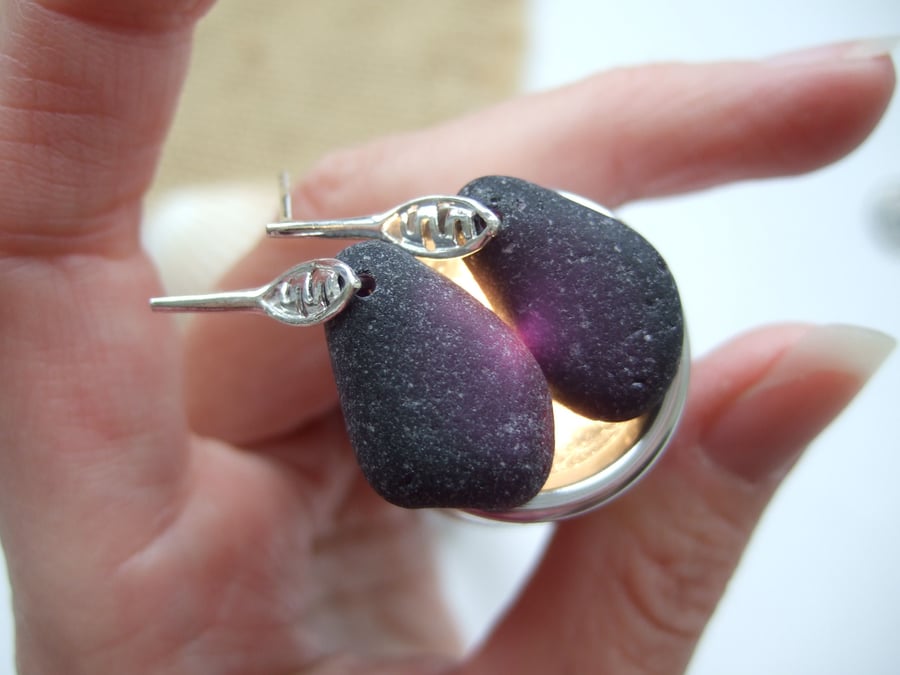 Seaham Secret Sea Glass, Magenta Purple Beach Glass, Leaf Studs Earrings
