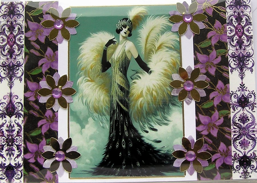 Art Deco Style Lady - Hand Crafted Decoupage Greeting Card - Blank 3053