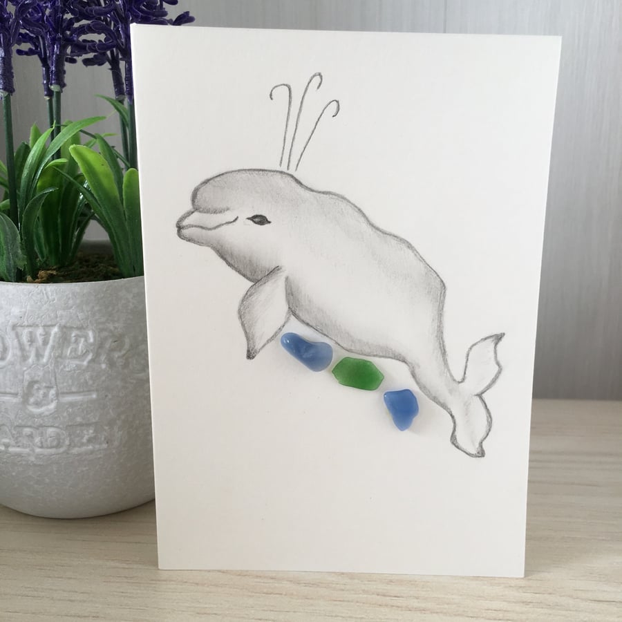 Cornish sea glass ‘Beluga’ hand drawn card