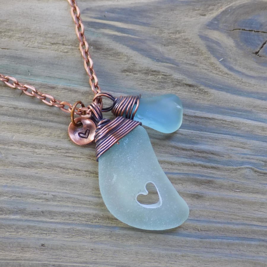 Sea glass drilled heart pendant, aged style, copper heart charm