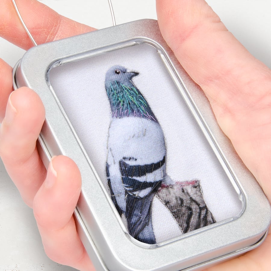 Pigeon, little 3D fabric pigeon picture framed in tin, gift, ornament