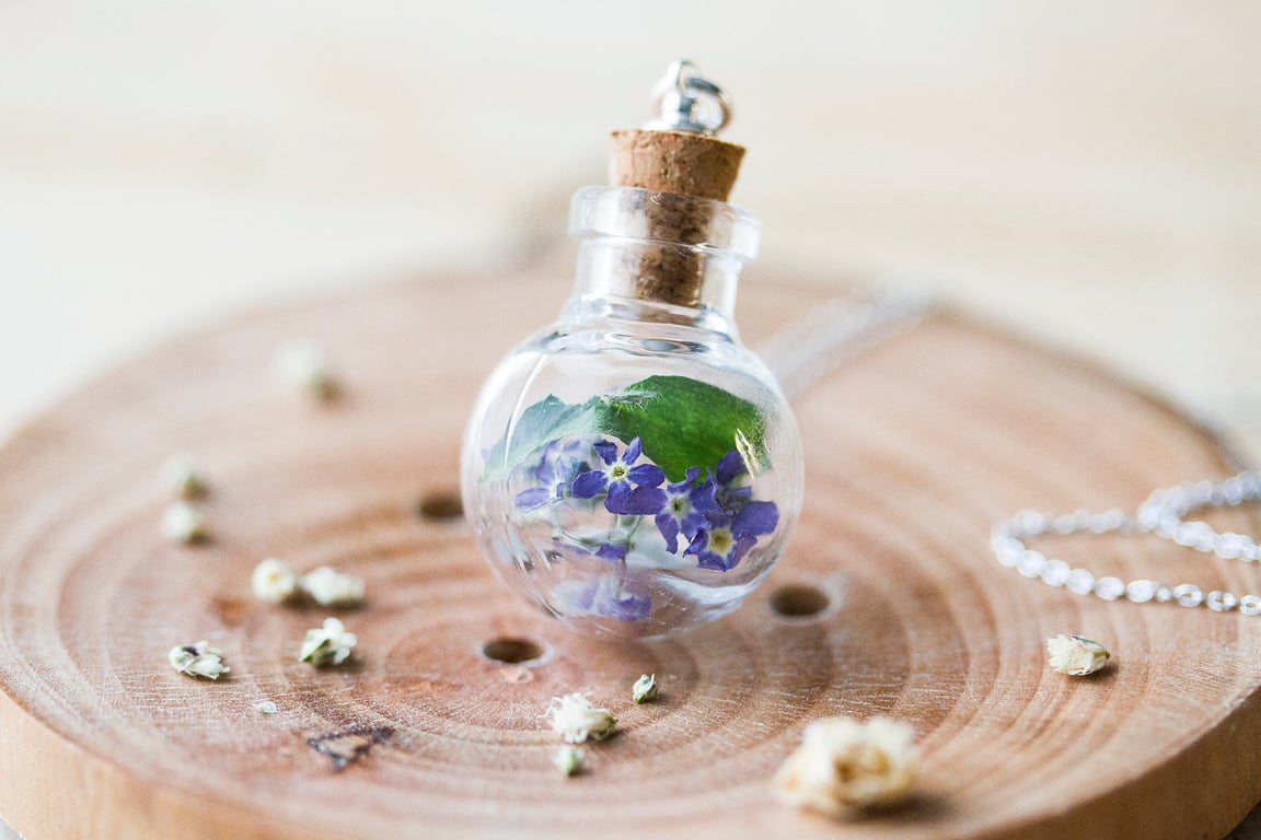 Forget Me Nots Necklace Glass Globe Blue Forget Me Nots Botanical Jewelry Wildfl