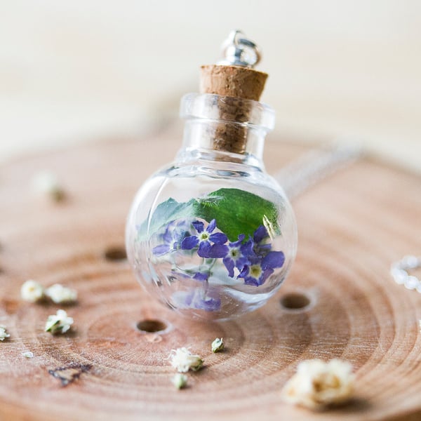 Forget Me Nots Necklace Glass Globe Blue Forget Me Nots Botanical Jewelry Wildfl