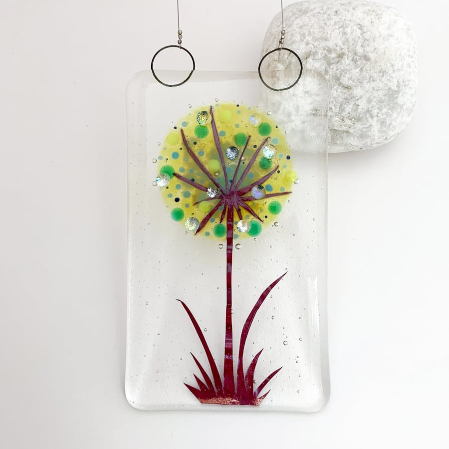 Fused Glass Green Allium Hanging - Handmade Glass Suncatcher