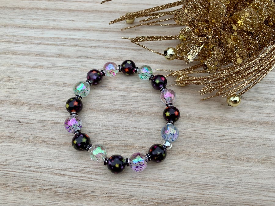 Glitter and Stars Beaded Stretch Bracelet 