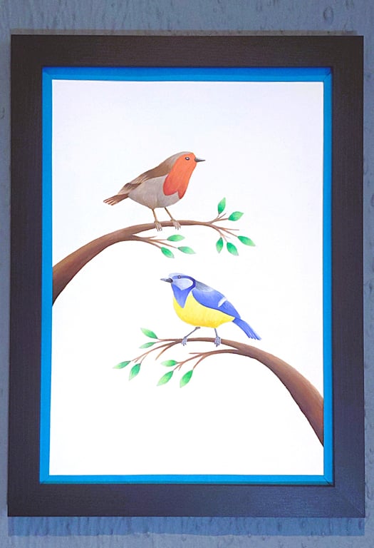 Made in UK Framed A3 Print Colourful Bluetit Red Robin Dark-Blue Border Wallart