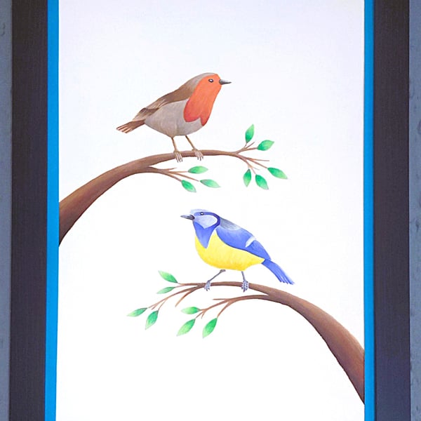 Made in UK Framed A3 Print Colourful Bluetit Red Robin Dark-Blue Border Wallart