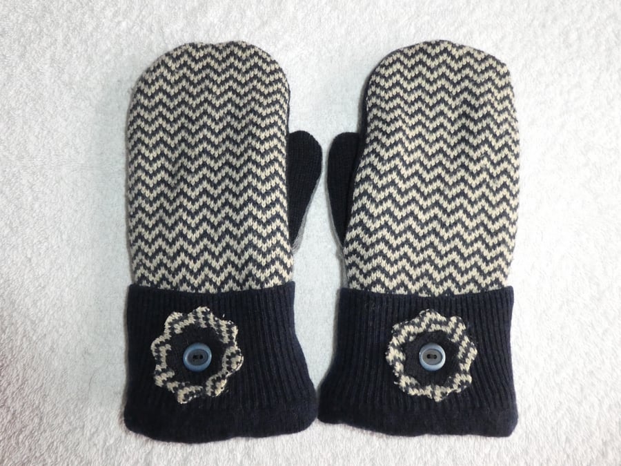 Mittens Created from Recycled Wool Jumpers. Fully Lined. Zig Zag Navy Cuff