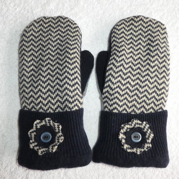 Mittens Created from Recycled Wool Jumpers. Fully Lined. Zig Zag Navy Cuff