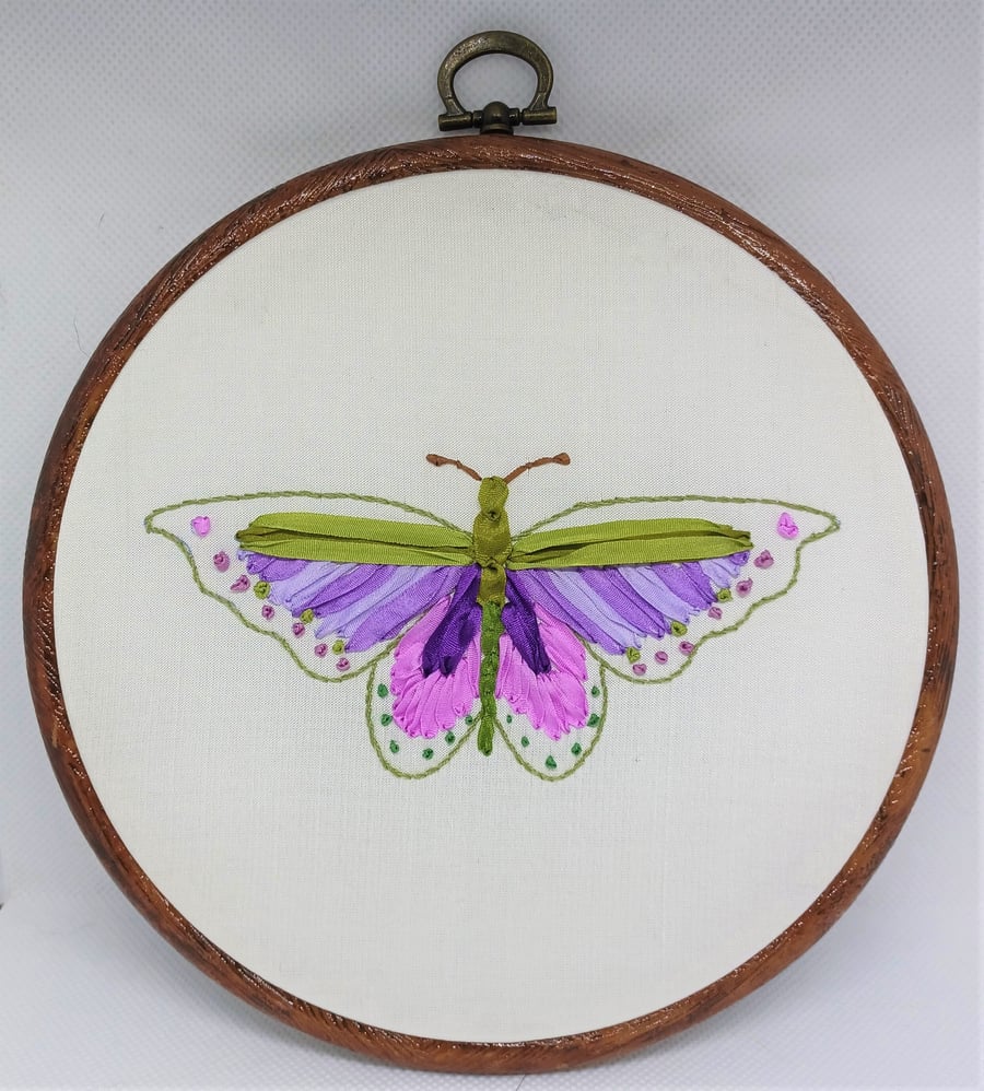 Purple and Green Silk Ribbon Hand Embroidery Hoop