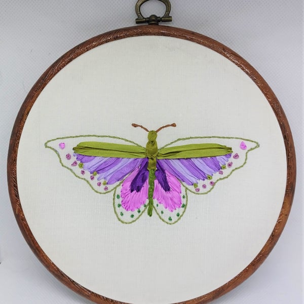 Purple and Green Silk Ribbon Hand Embroidery Hoop