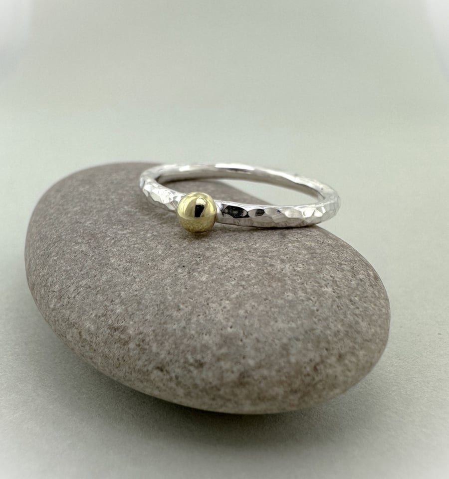 18ct Yellow Gold Pebble Stacking Ring, 2mm Silver Stacking Ring