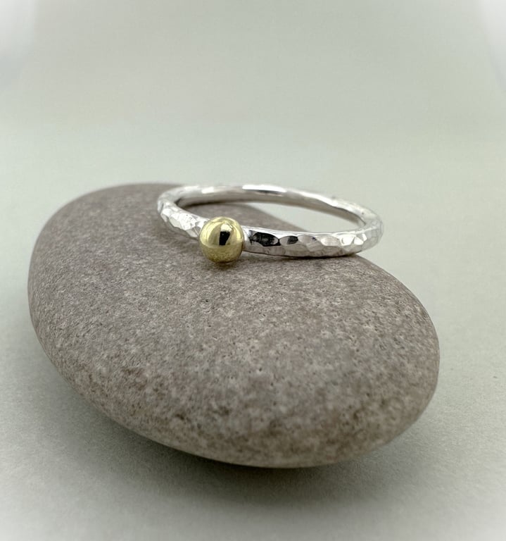 18ct Yellow Gold Pebble Stacking Ring, 2mm Silver Stacking Ring