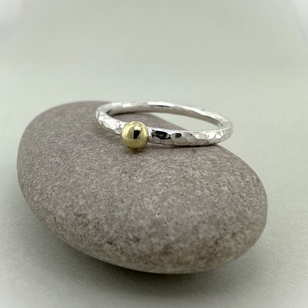 18ct Yellow Gold Pebble Stacking Ring, 2mm Silver Stacking Ring