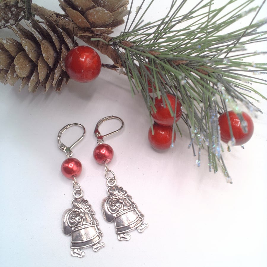 Silver Santa Charm with a Red Glass Pearl Bead  Earrings, Secret Santa Gift