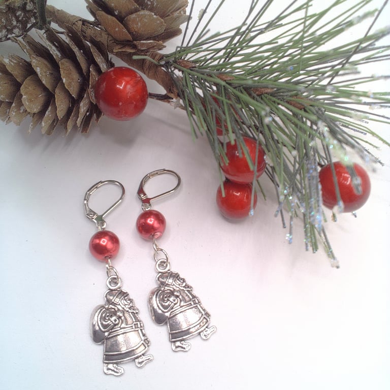 Silver Santa Charm with a Red Glass Pearl Bead  Earrings, Secret Santa Gift
