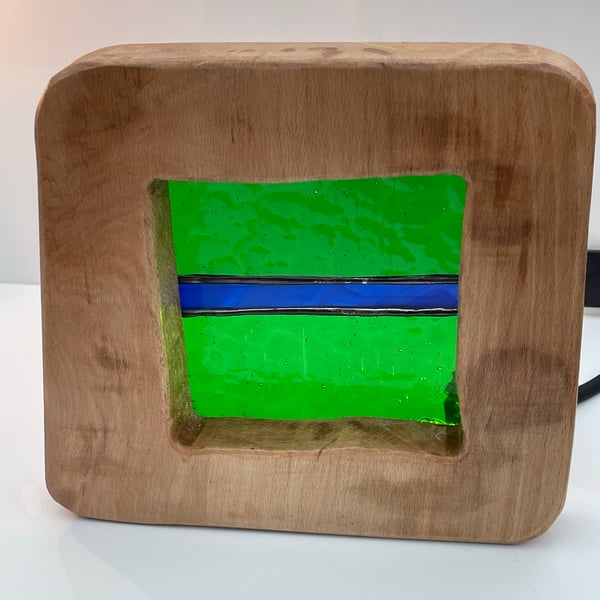 Stained glass green and blue in a beech wood frame