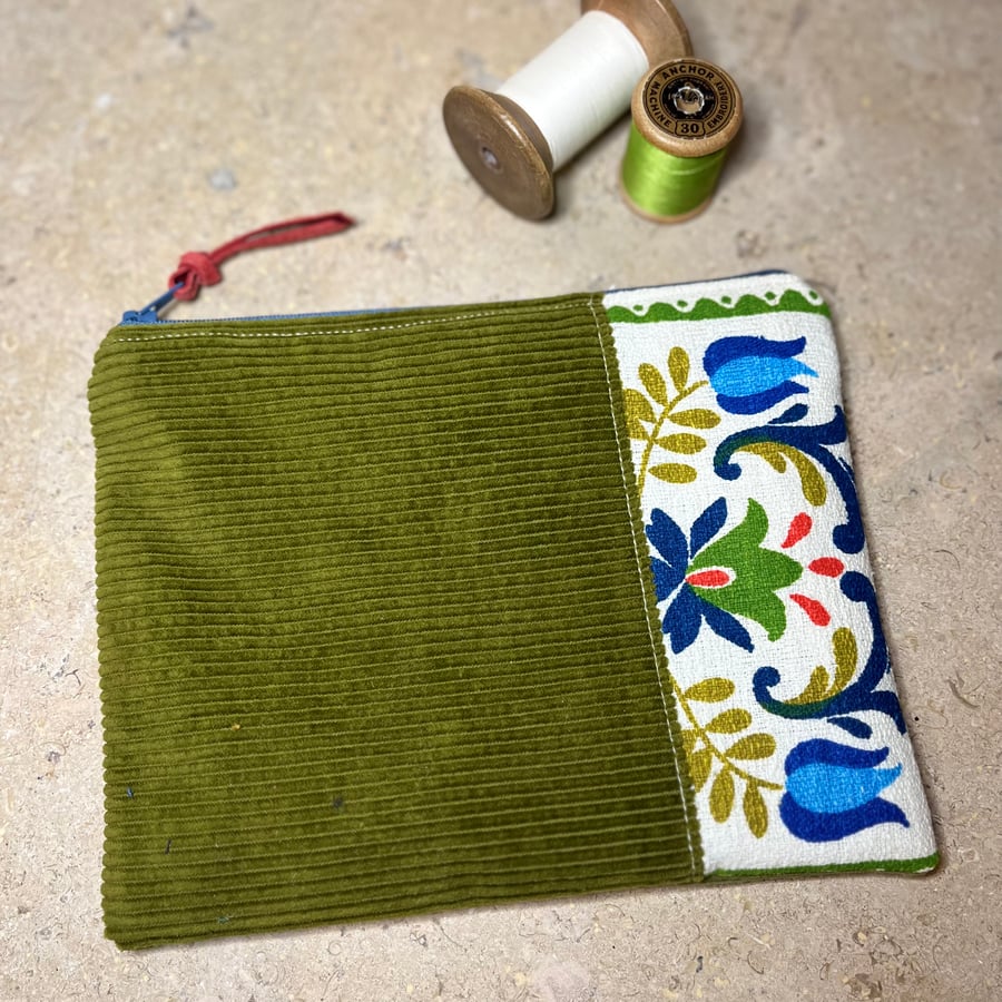 Green corduroy and vintage barkcloth small pouch clutch purse stocking filler