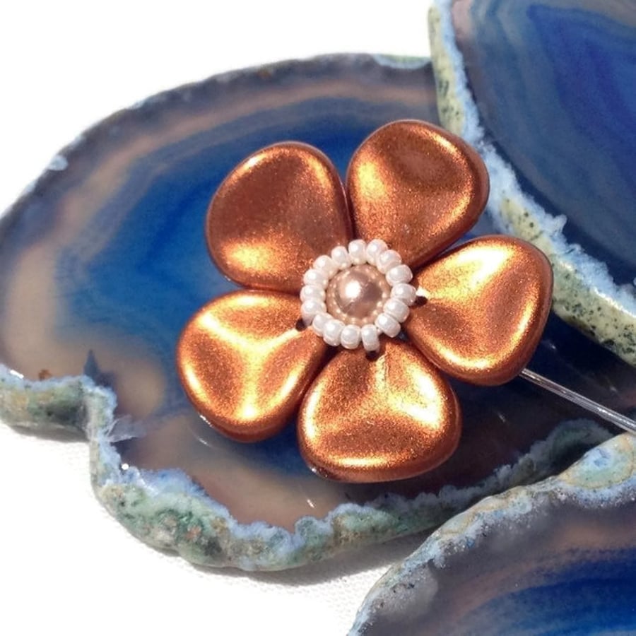 Metallic Copper Flower Brooch Pin