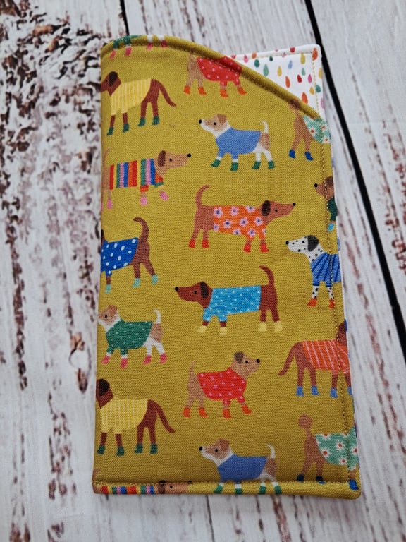 Dogs on mustard padded glasses case