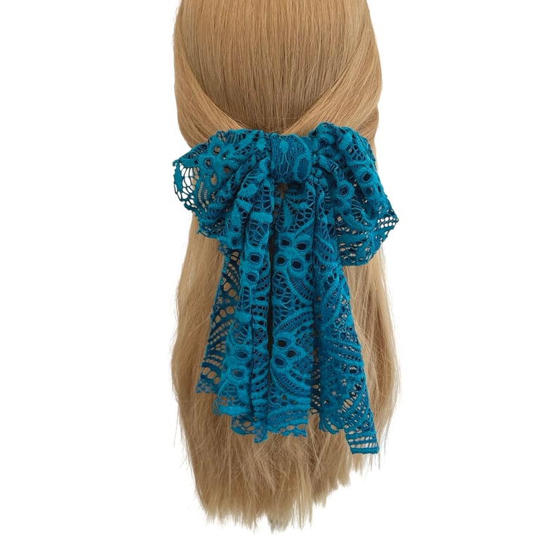 Teal lace hair bow French barrette clip Long tail oversized coquette bow for her