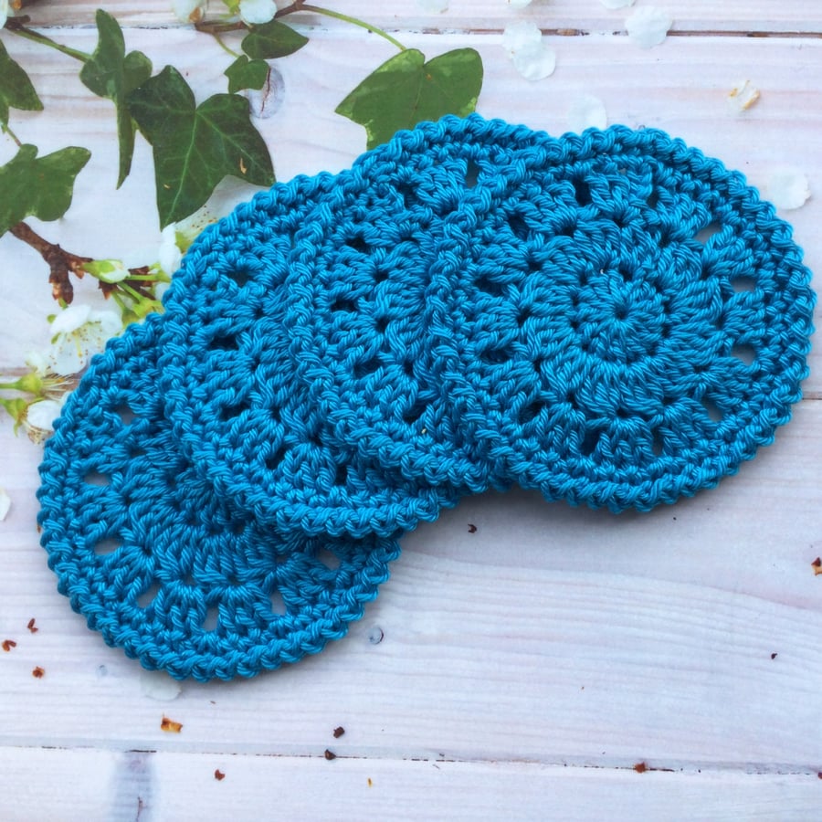 Crochet Coasters in Turquoise with an Optional Basket