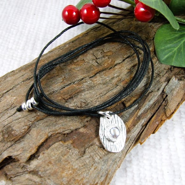 Silver and Pearl Organic Shape Necklace or Wrap Bracelet on Waxed Cord