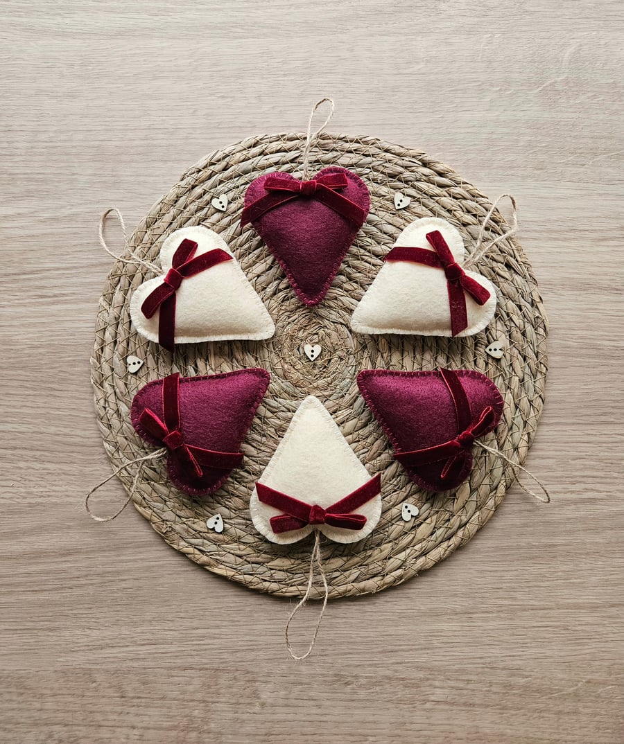 Set of Six Cranberry and Cream Felt Hearts 