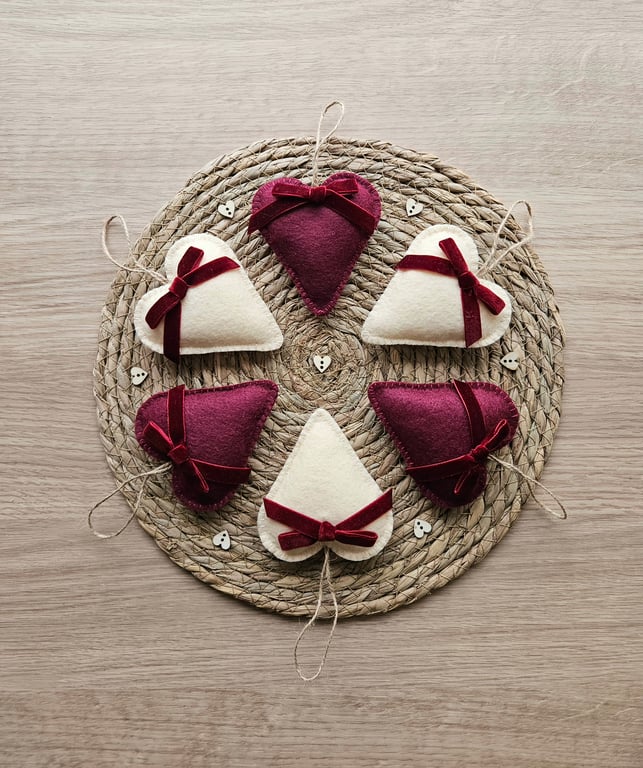 Set of Six Cranberry and Cream Felt Hearts 
