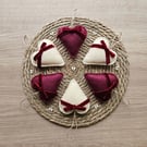 Set of Six Cranberry and Cream Felt Hearts 