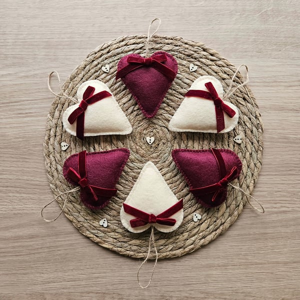 Set of Six Cranberry and Cream Felt Hearts 