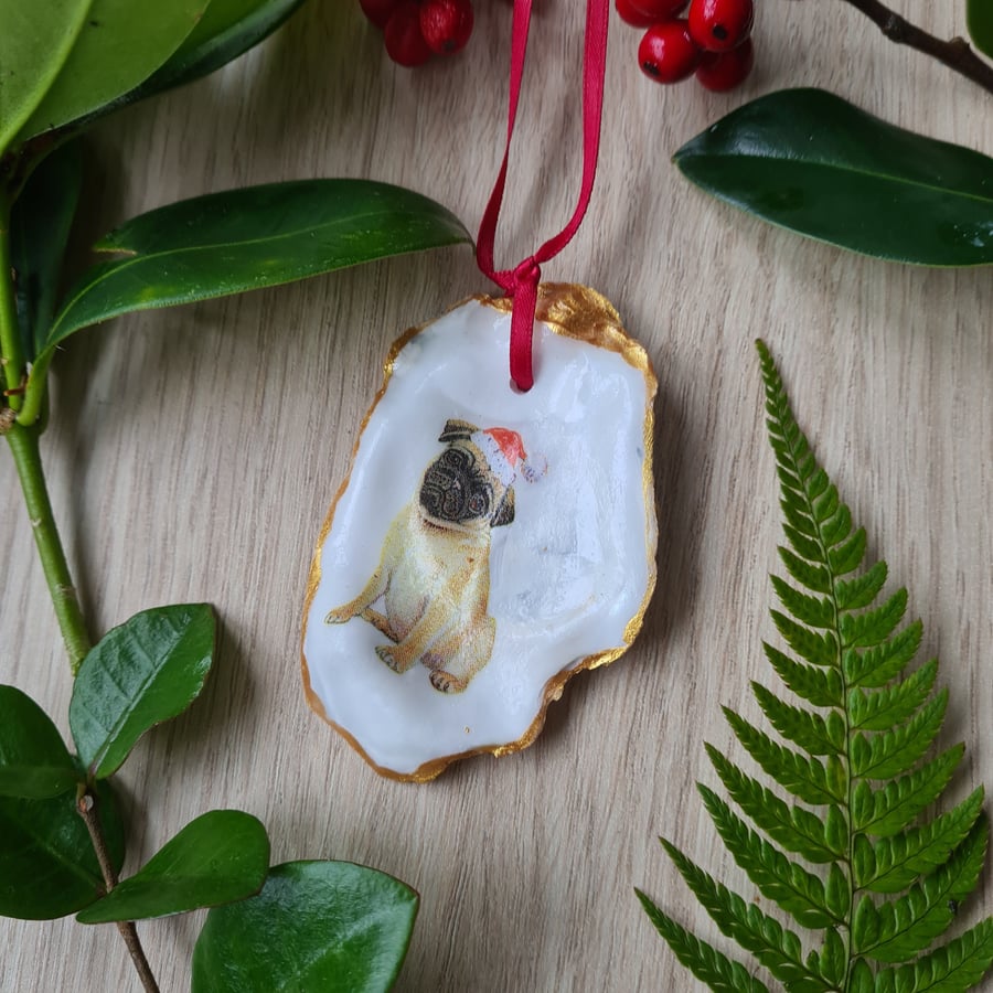 Christmas oyster shell pug dog hanging decoration