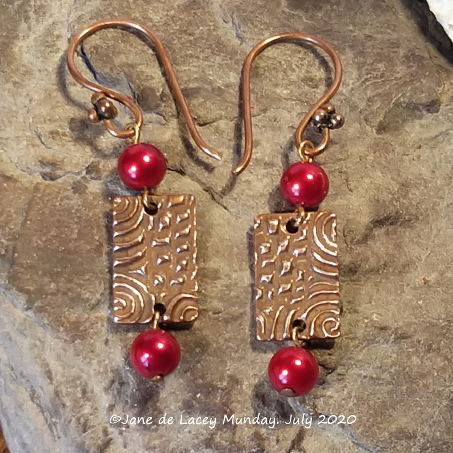 Copper Drop Earrings with Red Beads