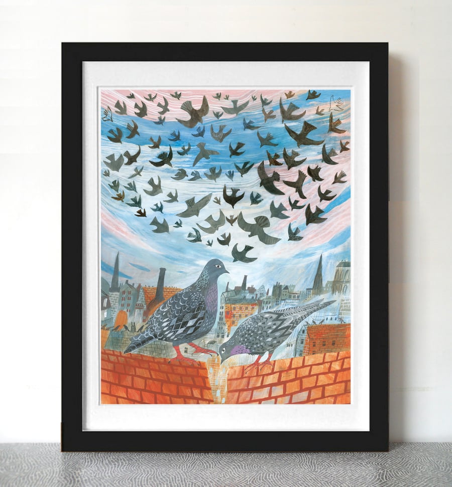 Pigeons on the roof A3 Print