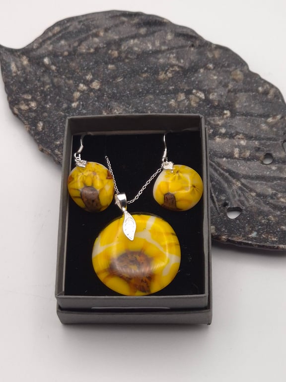 Sunflowers Fused Glass Hook Earrings and Pendant Set