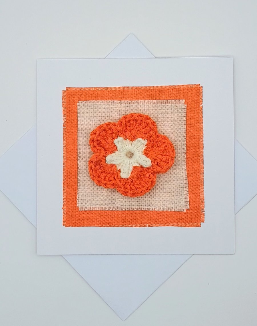 Blank Greetings Card - Crocheted Orange Flower & Fabric Card