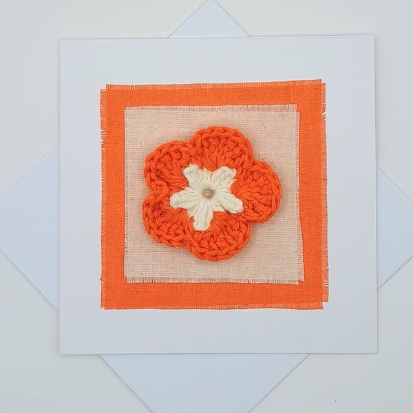 Blank Greetings Card - Crocheted Orange Flower & Fabric Card