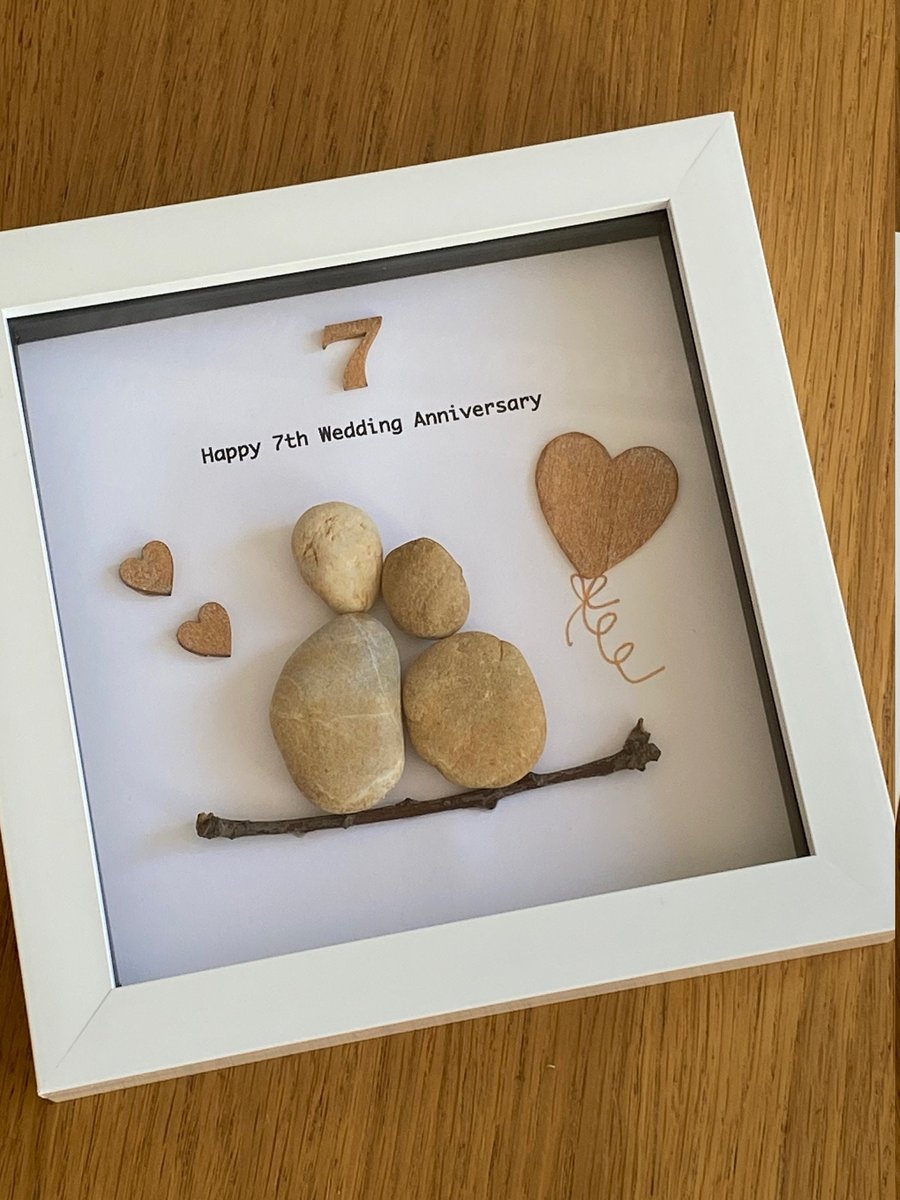 7th Anniversary Pebble Artwork Frame, Seventh Wedding Anniversary, Copper Annive