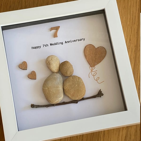 7th Anniversary Pebble Artwork Frame, Seventh Wedding Anniversary, Copper Annive