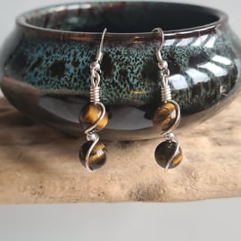 Handmade 925 Silver & Natural Tiger's Eye Drop Dangle Earrings Gift Boxed