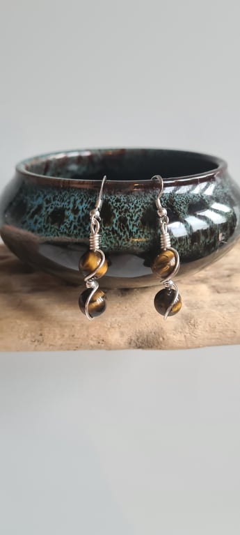 Handmade 925 Silver & Natural Tiger's Eye Drop Dangle Earrings Gift Boxed