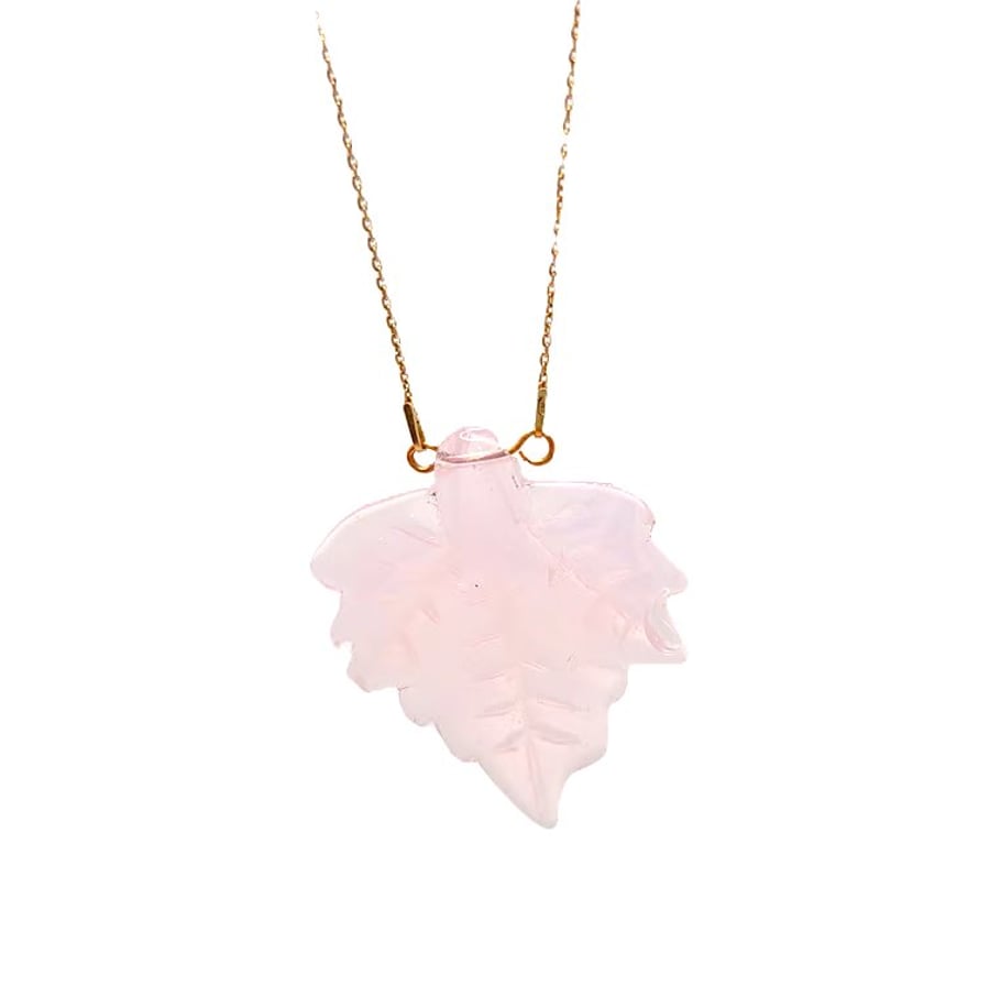 Rose quartz leaf shaped pendant with rose gold plated chain
